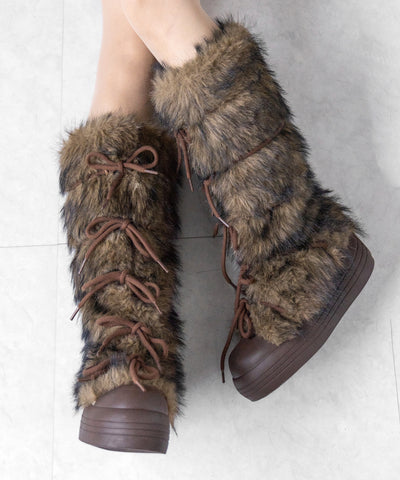 ボリュームフェイクファーレースアップロングブーツ ／ volume fake fur laceup long boots
