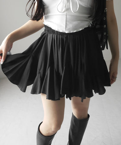 【 ２color ／インパン裏地付き 】ハイウエストドレープフレアミニスカート ／ high waist draped flare mini skirt