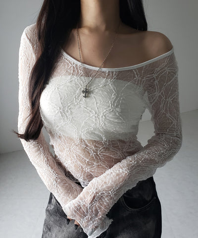 【 ２color ／２WAY 】ワンショルルーズシアーレーストップス ／ one shoulder loose sheer lace tops