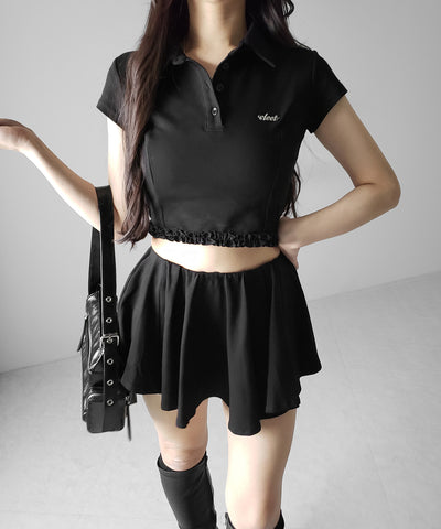 【 セットアップ 】ロゴプレート半袖トップス＋フレアミニスカパン SET ／( SETUP ) logo plate short sleeve tops + flared mini skirt pants