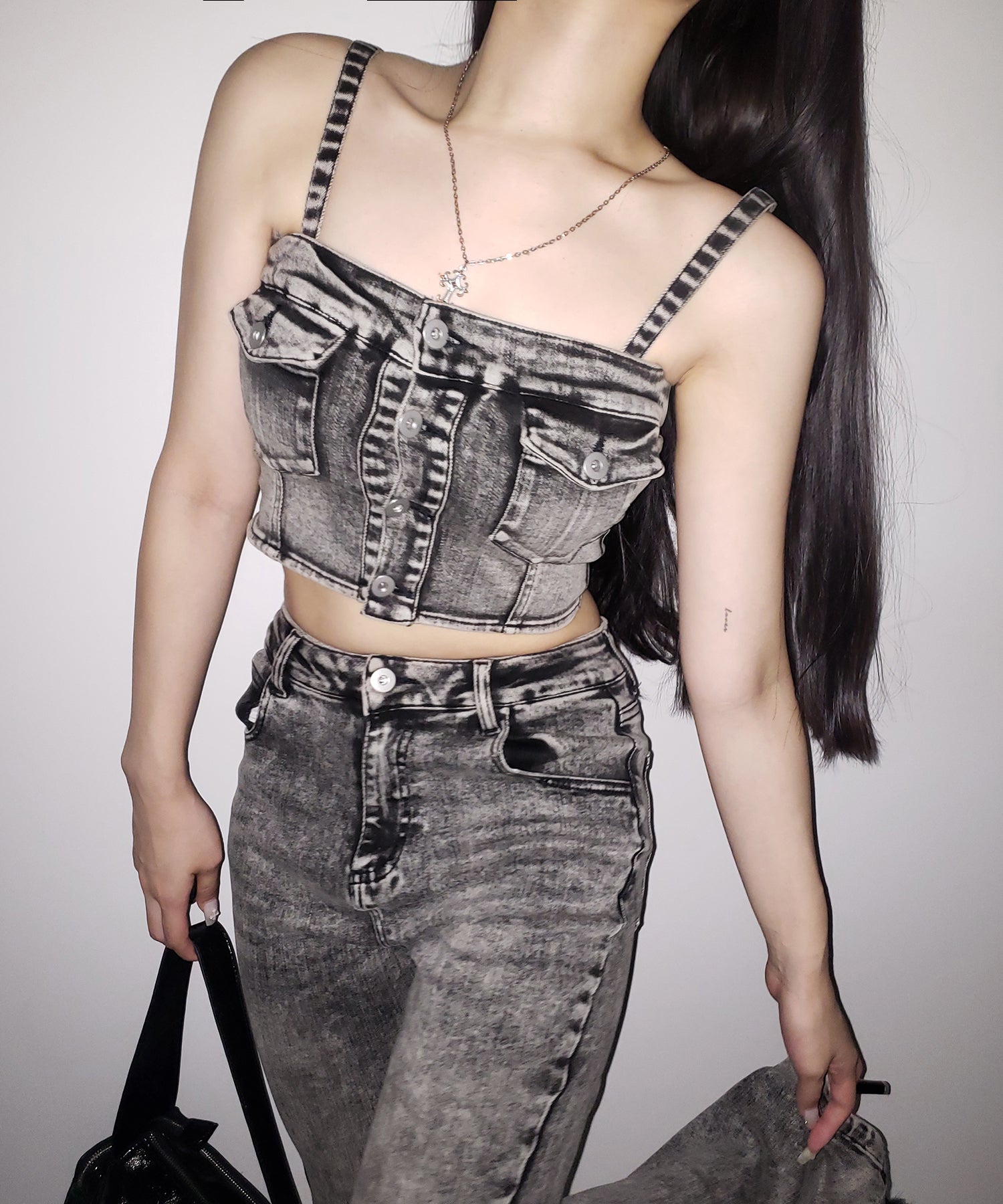 【 セットアップ 】ヴィンテージライクデニムビスチェ ＋ ストレッチフレアデニム SET ／ 【 SET UP 】 vintage like denim bustier + stretch flare denim