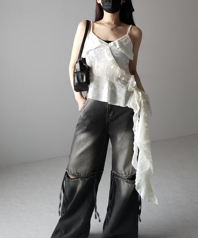 【 ４size ／ ２color 】カットアウトストラップヴィンテージルーズデニム ／ cutout strap vintage loose denim