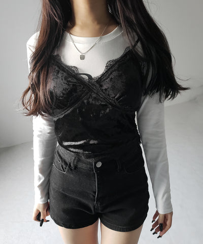 【 カップ付き 】レーシーベロアショートビスチェキャミソール ／ velor lacy short bustier camisole