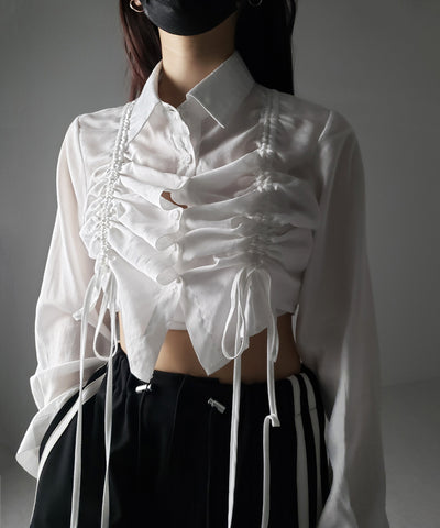 【 ３color 】ダブルリボンシャーリングショートシアーシャツ ／ double shirring ribbon short sheer shirts