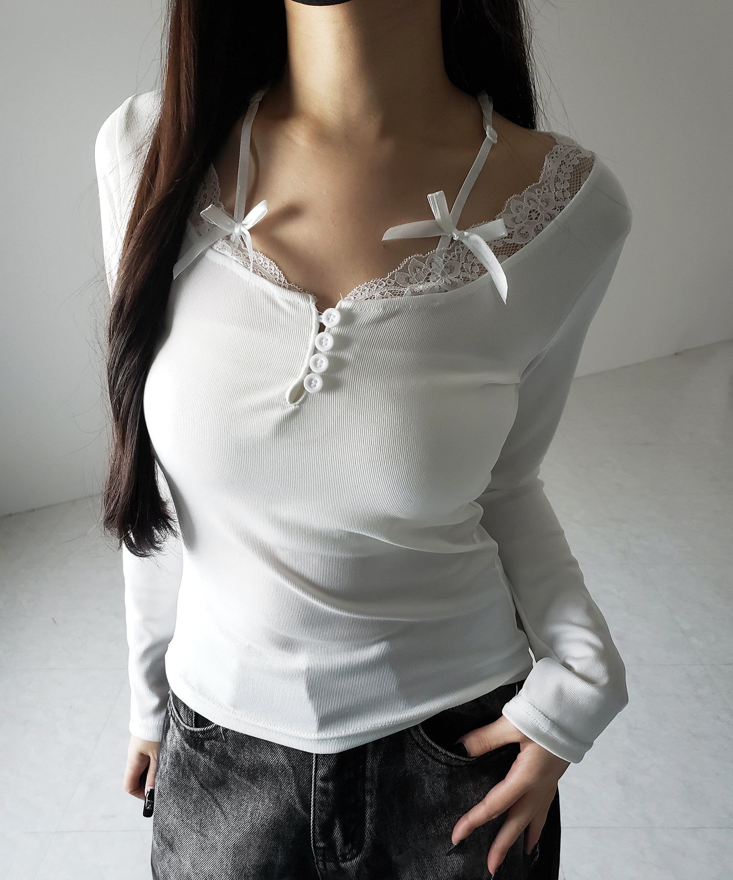 【 ２color 】ストラップダブルリボンレースカットソートップス ／ strap double ribbon lace cutsew tops