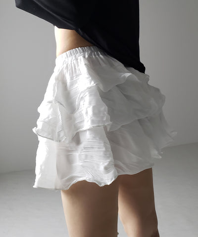【 インパン裏地付 】３段クリンクルシアーフリルボリュームミニスカート ／ crinkle sheer frill volume mini skirt