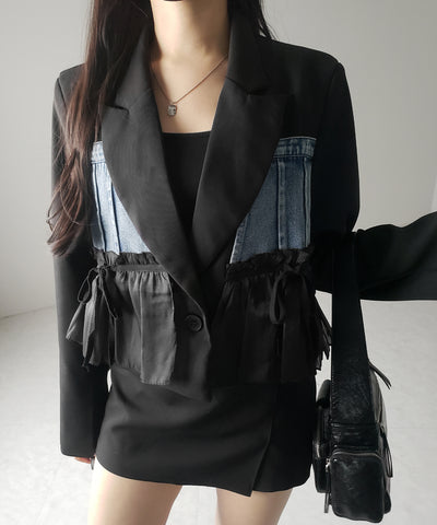 デニムフリルドッキングショートテーラードジャケット ／denim frill docking short tailored jacket