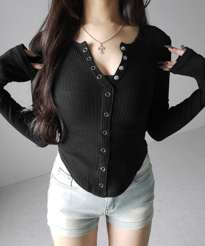 スナップボタンタイトリブカットソートップス ／ snap button tight ribbed cutsew tops