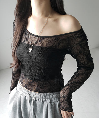 【 ２color ／２WAY 】ワンショルルーズシアーレーストップス ／ one shoulder loose sheer lace tops