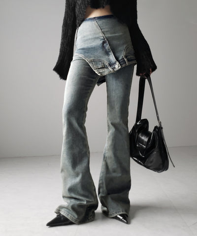 【 ２color ／ 4size 】レイヤードウエストヴィンテージフレアデニム ／layered waist vintage flare denim