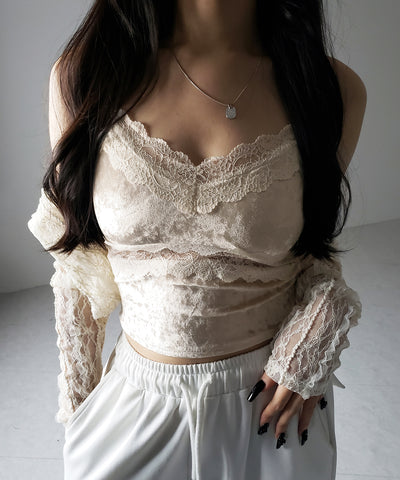 【 カップ付き 】ダブルレースベロアショートビスチェキャミソール ／ double lace velor short bustier camisole