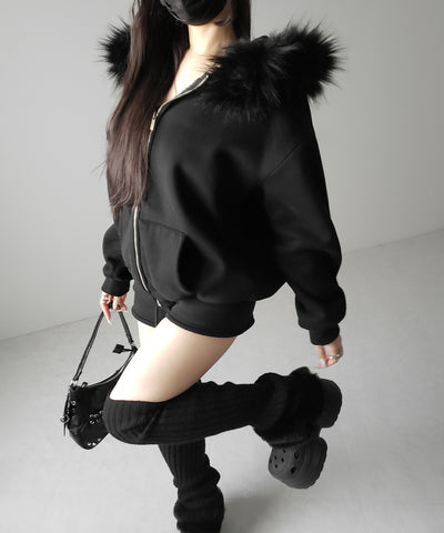 【 セットアップ 】裏起毛ファーフードオーバージップパーカー＆スウェットショートパンツ ／ Urakimo fur over zip hoodie ＆ sweat short pants SETUP