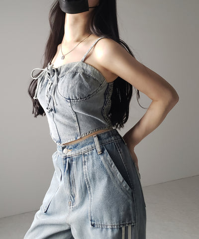 【 ２color 】レースアップリボンコルセットデニムビスチェ ／ lace up ribbon corset denim bustier