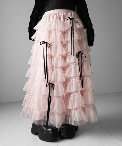 【 新色ピンク追加！／５color 】ストラップリボンバレエコアチュールスカート ／strap ribbon ballet core tulle skirt