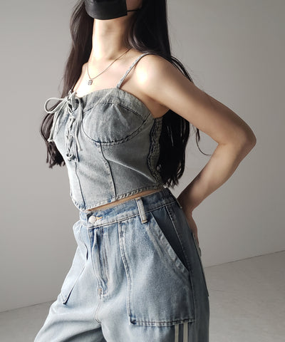 【 ２color 】レースアップリボンコルセットデニムビスチェ ／ lace up ribbon corset denim bustier