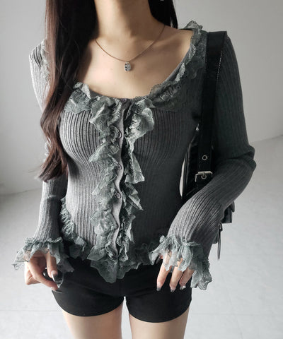 【 ３color 】レースフリルドッキングリブニットカーディガン ／ lace frill docking rib knit cardigan