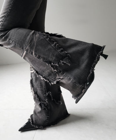 【 ２color ／ ４size 】クロスデザインヴィンテージライクフリンジストレッチフレアデニム ／ cross design vintage-like fringe stretch flare denim