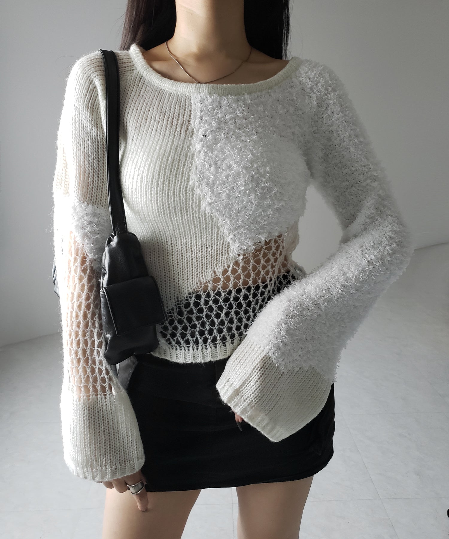 【 ２color 】異素材ドッキングスカシアミニットトップス ／ mixed material docking openwork knit tops