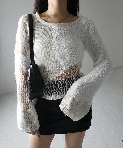 【 ２color 】異素材ドッキングスカシアミニットトップス ／ mixed material docking openwork knit tops