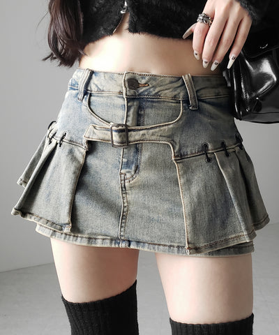 【 インパン裏地付 】ベルテッドマイクロプリーツデニムミニスカパン ／ belted micro pleats denim skirt pants