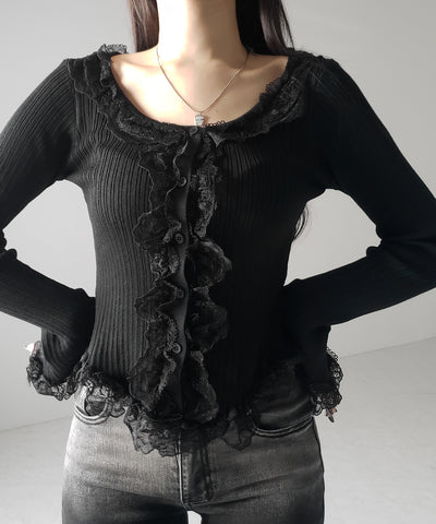 【 ３color 】レースフリルドッキングリブニットカーディガン ／ lace frill docking rib knit cardigan