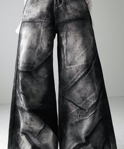 【 ４size 】CRACKクラッシュヘビーブリーチブラックワイドデニム ／ CRACK crash heavy bleach black wide denim