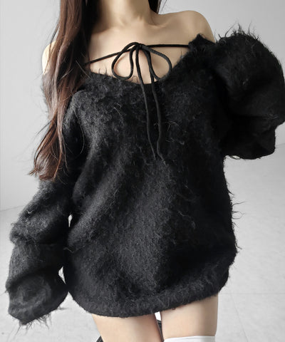 ストラップリボンオフショルオーバーシャギーニット ／ strap ribbon off shoulder over shaggy knit
