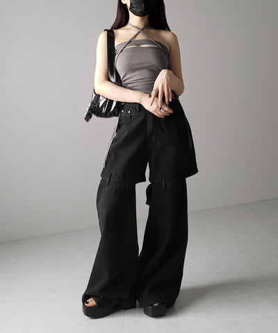 【 カップ付き ／ ２WAY 】クロスストラップリボンカットアウトショートキャミソール ／ cross strap ribbon cutout short camisole