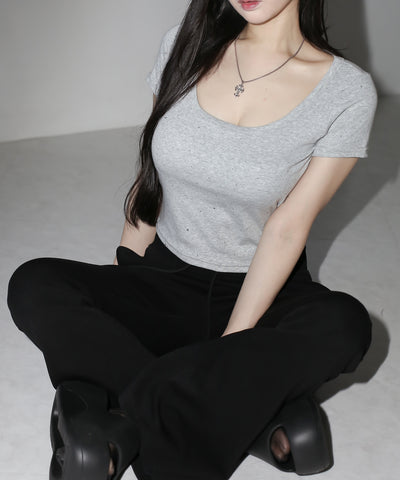 ラインストーンスクエアネックタイトＴシャツ ／Rhinestone square neck tight T-shirt