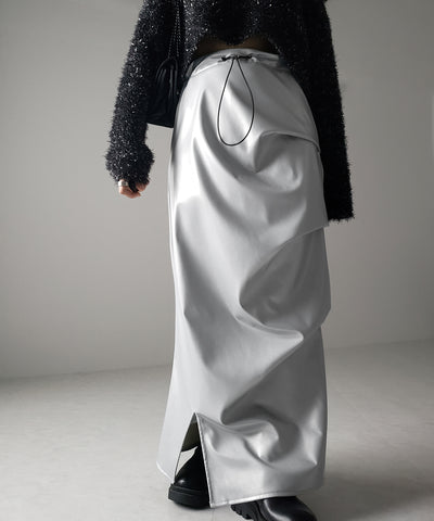 【 ３size ／ ２color 】ドローコードタックデザインフェイクレザーロングスカート