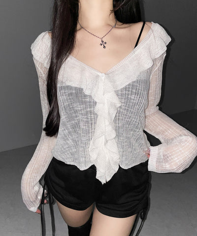 フリルシアールーズニットカーディガン ／ frill sheer loose knit cardigan