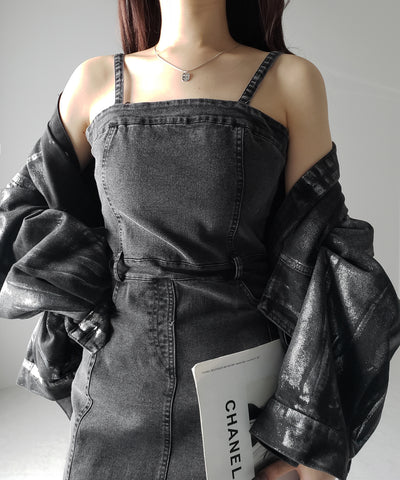 【 ２color 】ウォッシュデニムハイウエストミニキャミワンピース ／ wash denim high waist mini cami onepiece