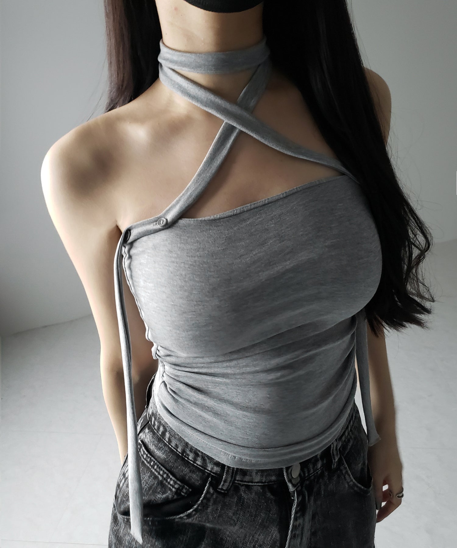 【 ３color ／ カップ付 】ロングチョーカークロスネックキャミソール ／ long choker cross neck camisole