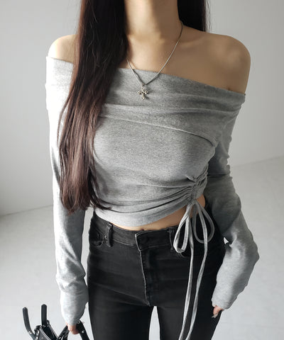 シャーリングリボンショートオフショルカットソートップス ／ shirring ribbon short off shoulder cutsew tops