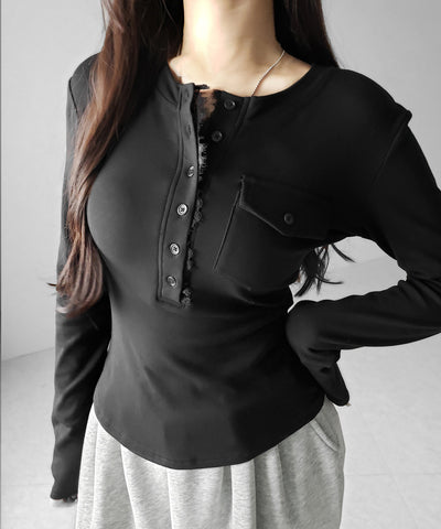 【 裏起毛 】レースドッキングヘンリーネックトップス ／ lace docking henley neck tops