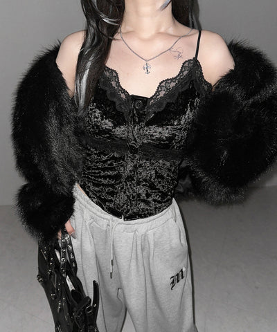 フロントボタンレースベロアショートキャミソール ／ front button lace velor short camisole