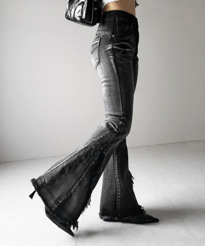 【 ２color ／ ４size 】ヴィンテージライクフリンジストレッチフレアデニム ／ Vintage-like fringe stretch flare denim