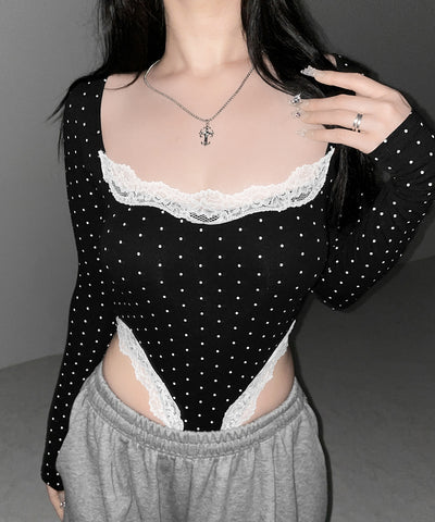 ドットカットアウトレースポイントボディスーツトップス ／dot cutout lace point bodysuit tops