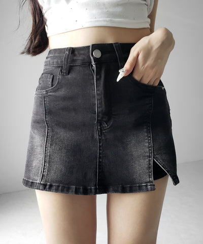 ミニスリットストレッチレイヤードデニムミニスカパン ／ mini slit stretch layered denim mini skirt pants