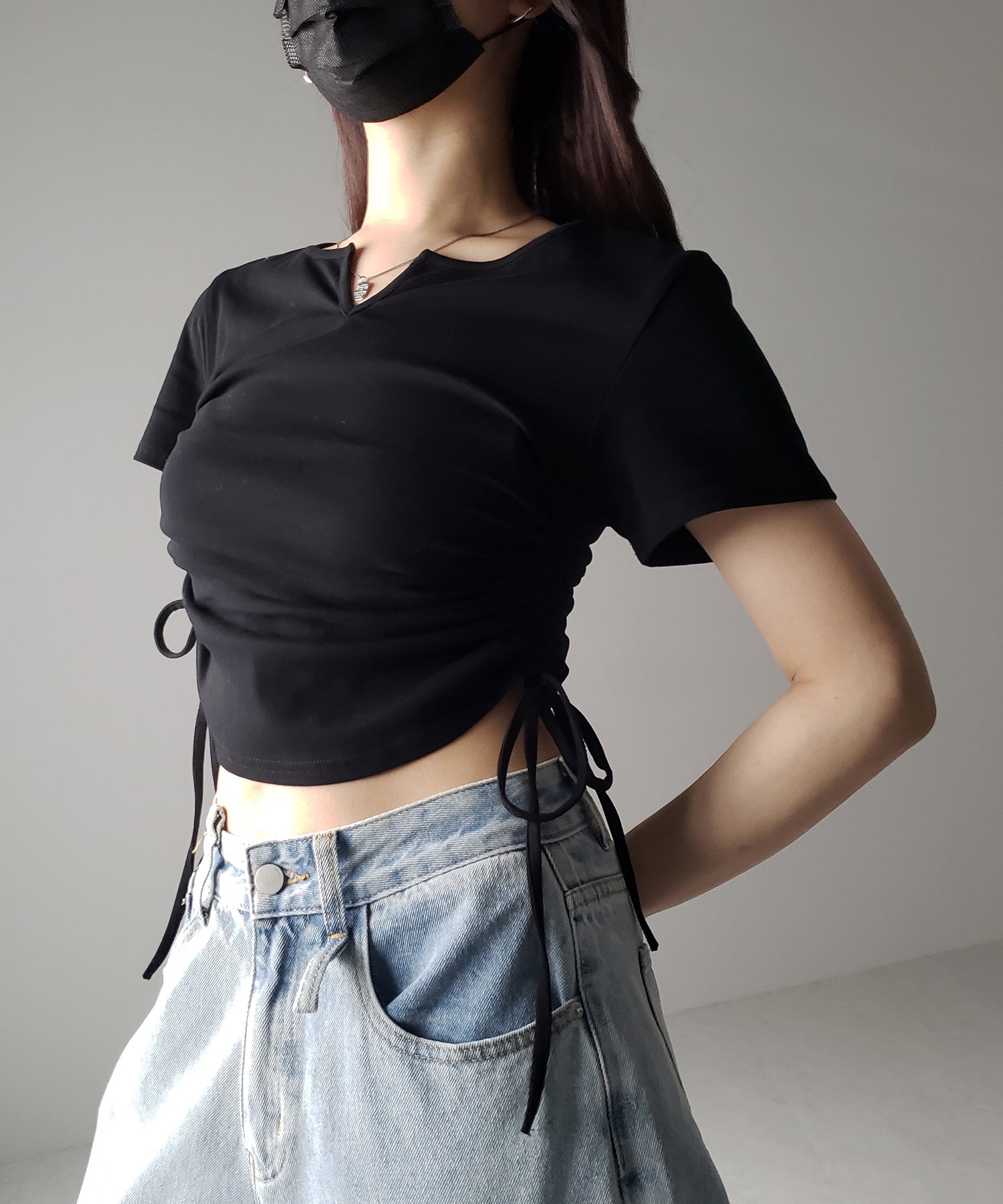 【 ２color 】サイドシャーリングリボン半袖ショートＴシャツ ／ side shirring ribbon short Tee