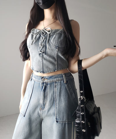 【 ２color 】レースアップリボンコルセットデニムビスチェ ／ lace up ribbon corset denim bustier
