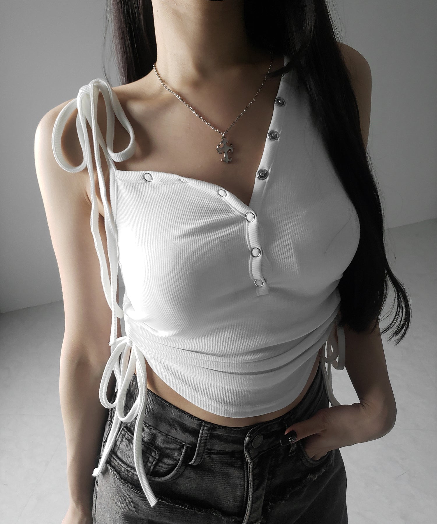【 ２color 】ショルダーリボンシャーリングキャミタンクトップ／ shoulder ribbon shirring cami tank top