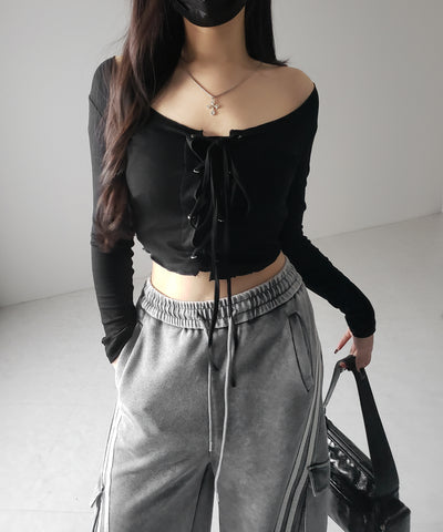 【 ３color 】レースアップフロントリボンショートスリムトップス ／ lace up front ribbon short slim tops