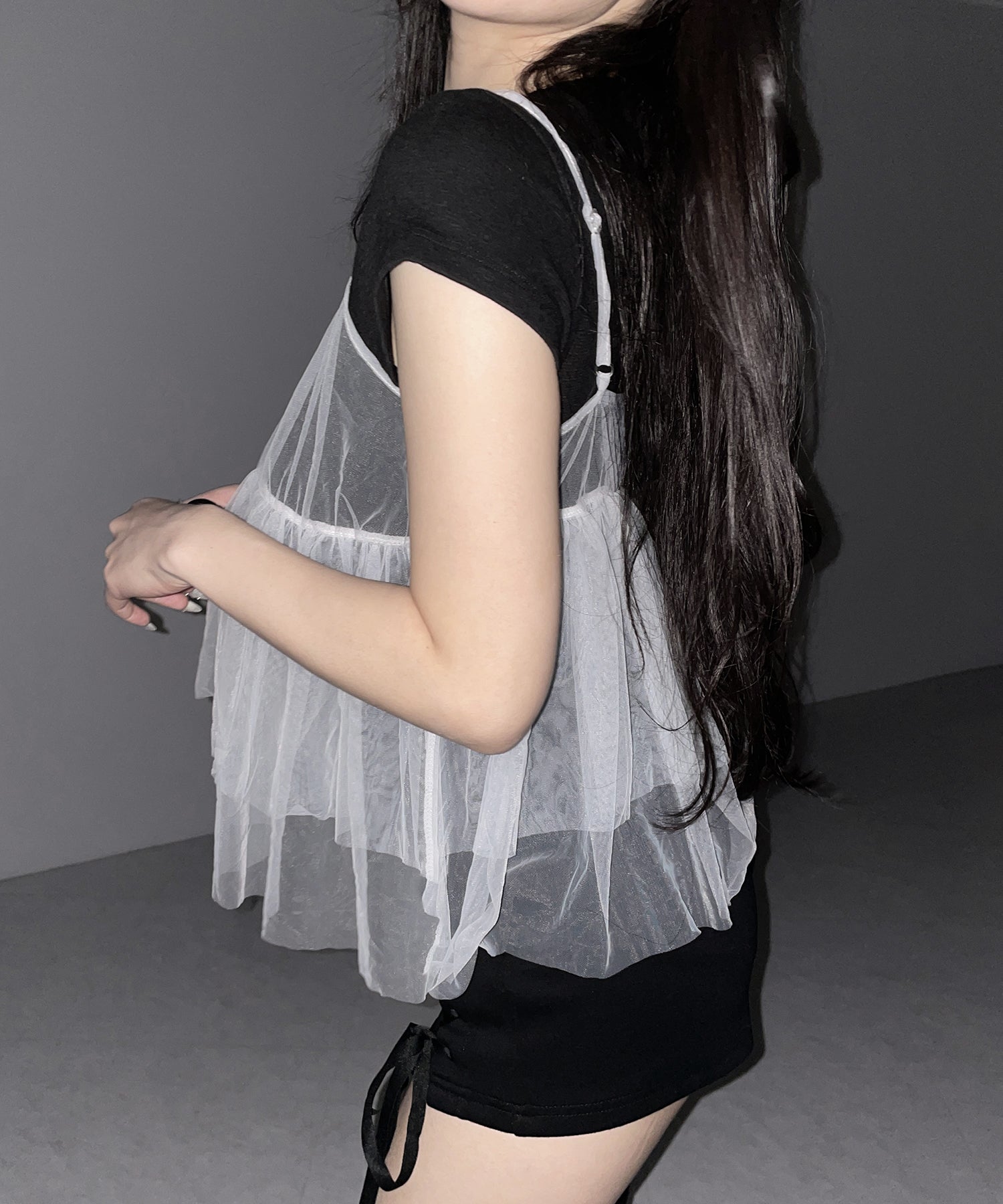 フロントリボンチュールキャミソール ／ front ribbon tulle camisole
