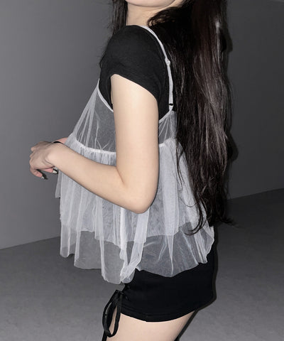 フロントリボンチュールキャミソール ／ front ribbon tulle camisole
