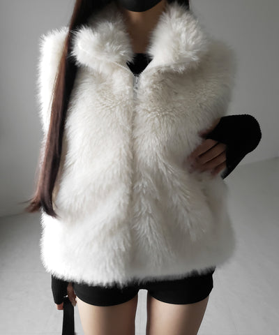 【 ポケット付 】スタンドネックジップアップフェイクファーベスト ／ stand neck zipup fake fur vest