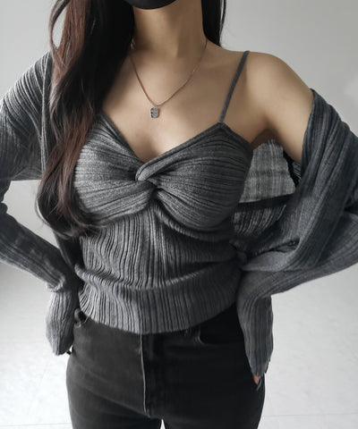 【 2点セット 】ツイストリブニットキャミソール ＋シアーリブショートカーディガン SET ／ twisted rib knit camisole + sheer rib short cardigan SET