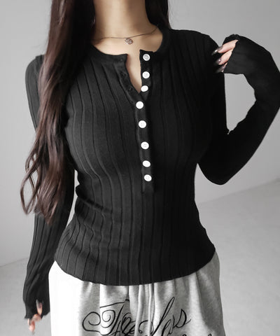 スリムフィットヘンリーネックリブトップス ／ slim fit henley neck ribbed tops
