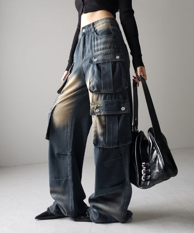 【 ３color ／４size 】オーバーダイグラデーションヴィンテージワイドカーゴデニム ／ overdyed gradation vintage wide cargo denim