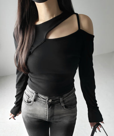 【 ３color 】ショルダーカットアウトストラップリブトップス ／ shoulder cutout strap lib tops